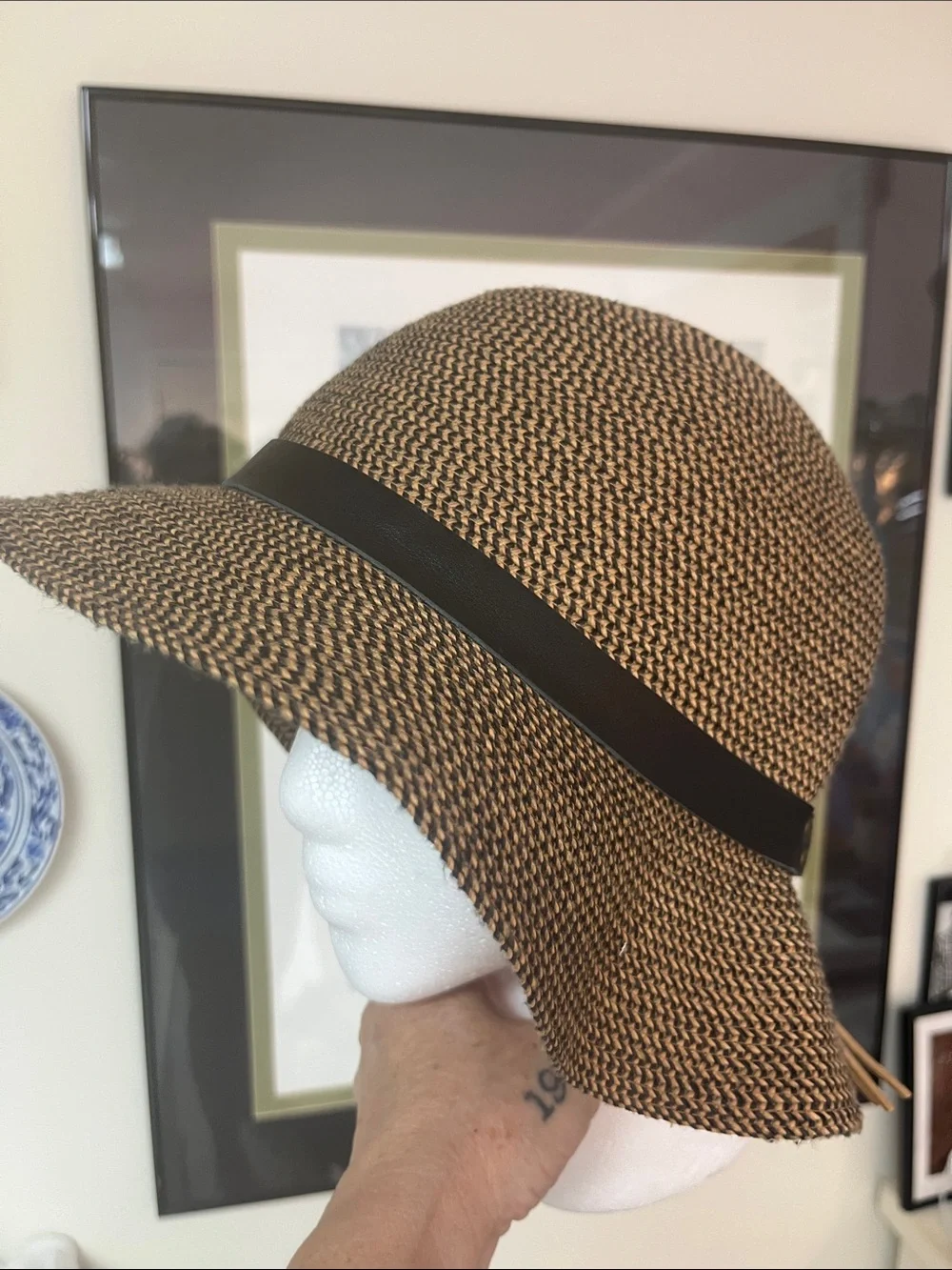 Sunday Afternoons Wide Brim Straw Cloche Hat Leather Band OS UPF 50 Protection